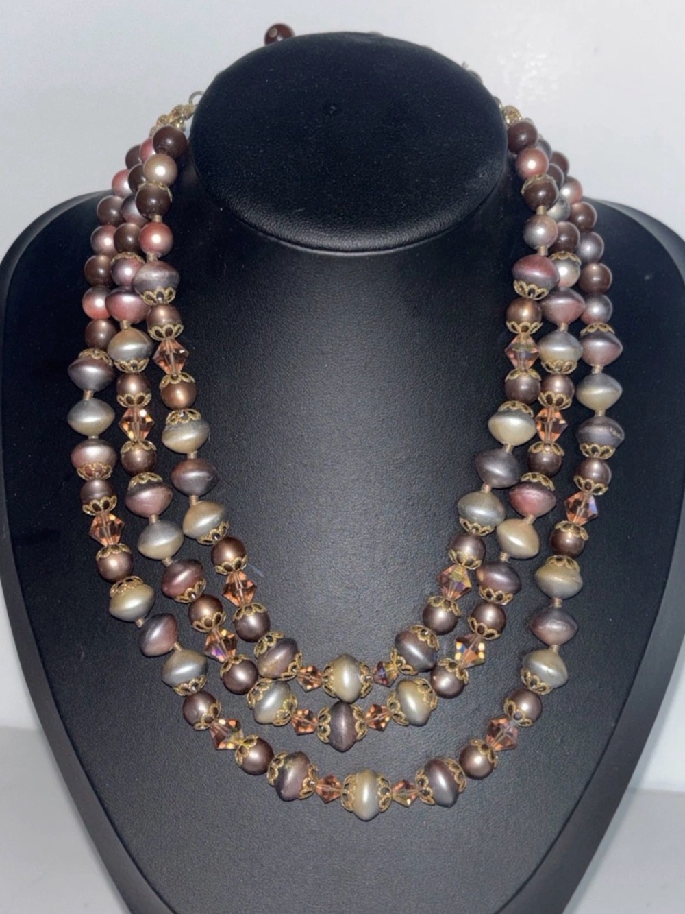 Vintage ART Signed 3 Strand Necklace Mauve Faux Pearl AB Crystal Filigree 1960s